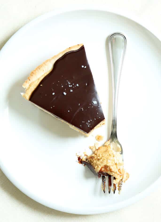 Rich chocolate tart on white plate with fork, close-up of decadent dessert.