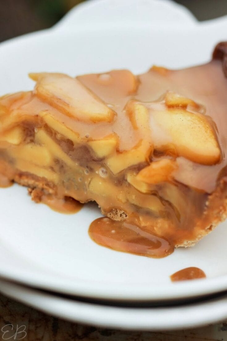 Golden caramel apple cheesecake dessert topped with caramel drizzle on a white plate.