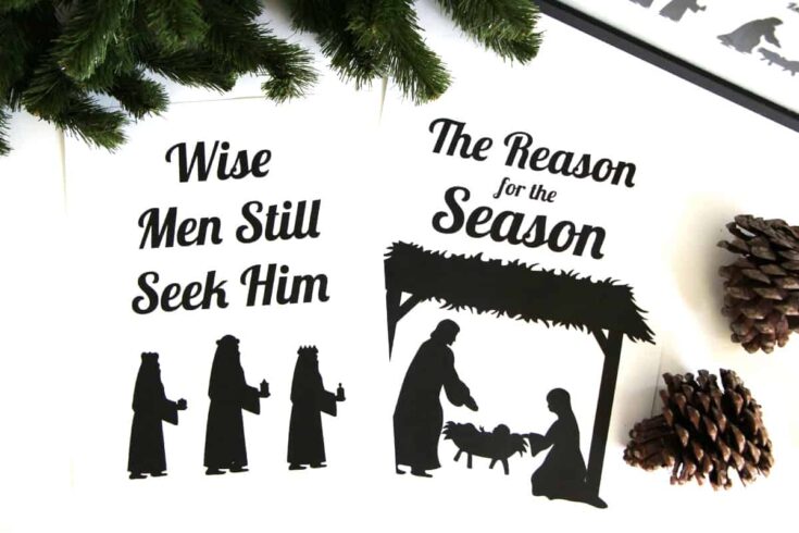 Timeless Christmas nativity quote poster featuring silhouette artwork and holiday pinecones for seasonal decor and inspirational message.