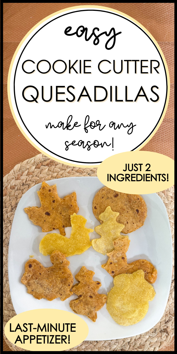 plate of cookie cutter quesadillas in fall shapes of pumpkin, leaves, squirrel, turkey