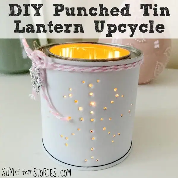 Decorative punched tin lantern upcycle for DIY home decor, featuring a cozy candle light, perfect for crafting or gift ideas, from A Hundred Affections.