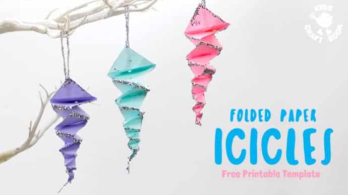 Colorful folded paper icicles hanging on a white branch, DIY holiday decor, craft project, winter decorations, printable template, festive home accents, seasonal craft ideas.
