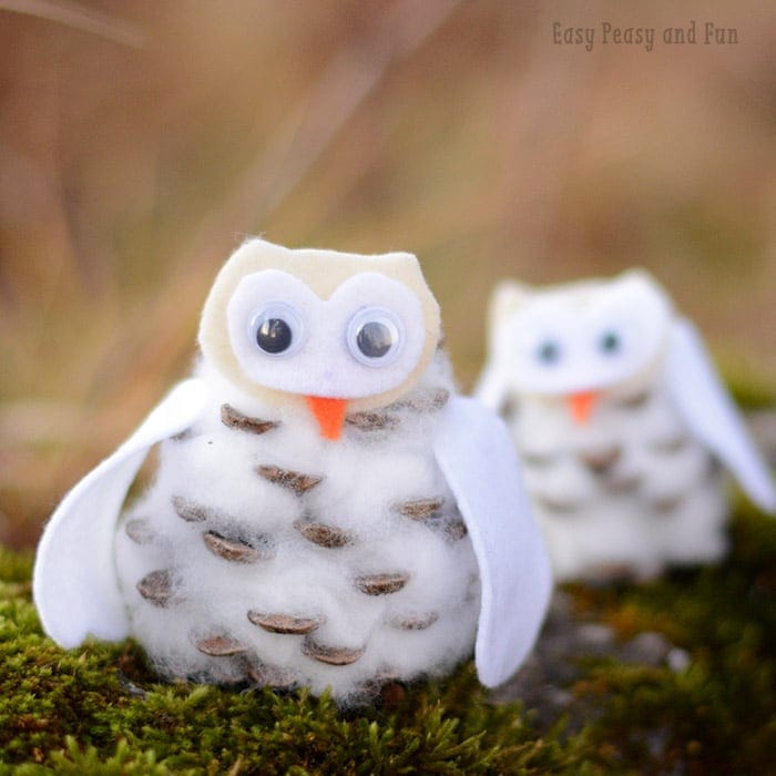 Plant owl craft made with pinecones, felt, and googly eyes, perfect for kids' activities and DIY nature crafts.