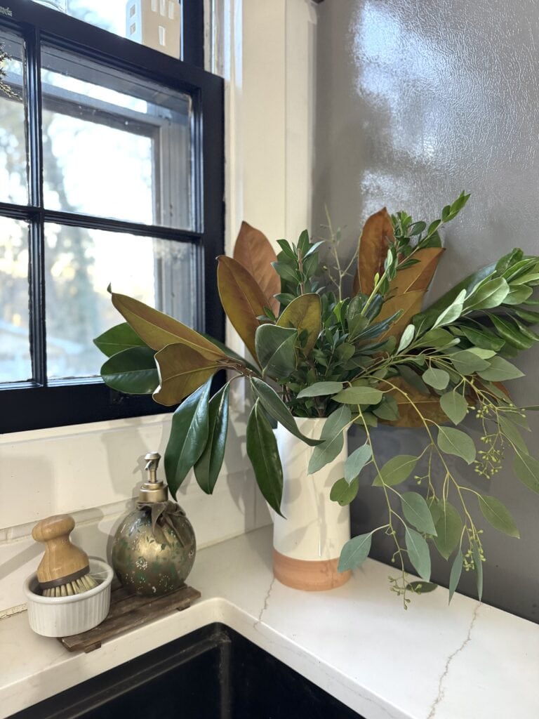 Lush houseplant arrangement in a white and terracotta vase on a kitchen countertop near a window for a cozy, natural home decor aesthetic.
