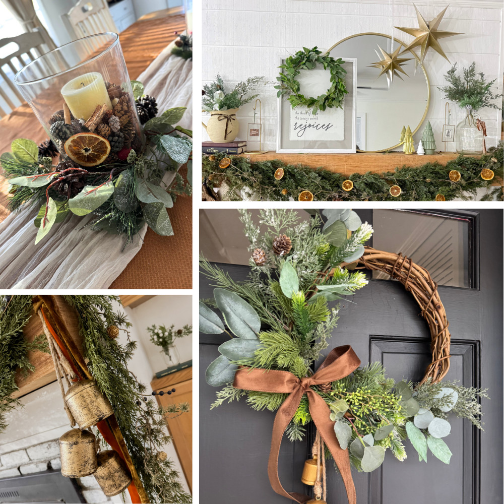earthy Christmas holiday home collage for organic, natural Christmas decor