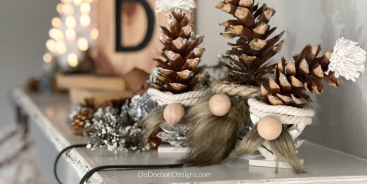 Cute rustic Christmas gnome décor with pinecones, wood beads, and faux fur, perfect for holiday home decorations and winter crafts.