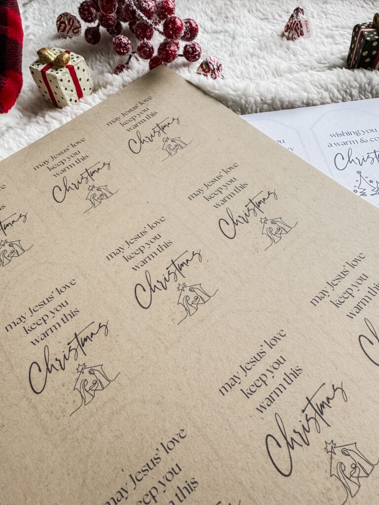 Beautiful holiday gift wrap featuring handwritten Christmas message, nativity scene, and festive elements perfect for religious celebrations.