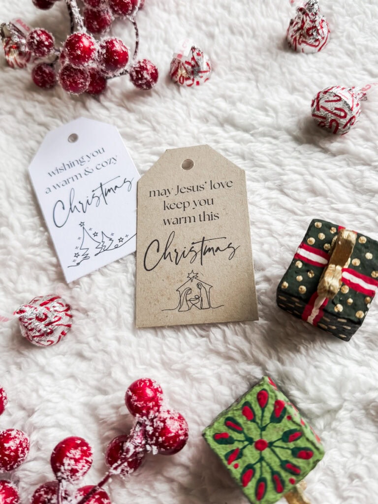 Cute holiday gift tags featuring nativity scene and Christmas messages, ideal for decorating presents and spreading holiday cheer.