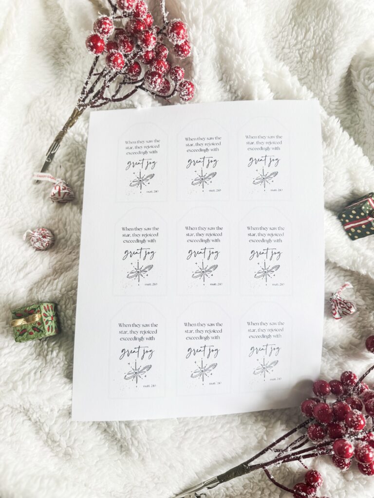 Dreamy Christmas gift tags featuring scripture from Matthew 2:10 with celestial illustrations for elegant gift wrapping.