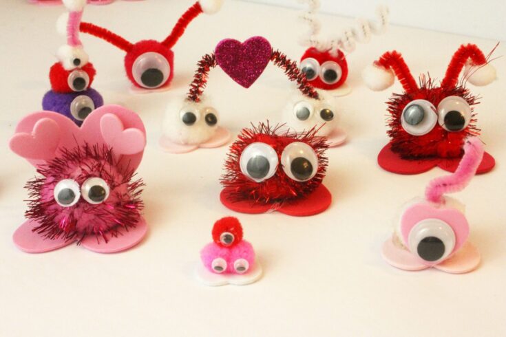 Whimsical Valentine's crafts featuring fuzzy animals with googly eyes, pipe cleaner antennas, and heart embellishments, perfect for kids' activities and creative decorations.