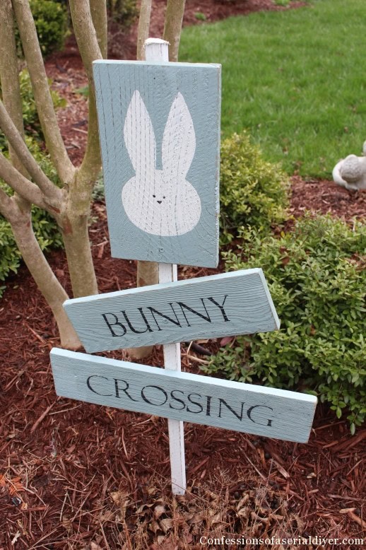 Cute bunny sign with "Bunny Crossing" text, perfect for spring or Easter decor, garden decoration, or pet-friendly yard signage, adding charm and whimsy to outdoor spaces.