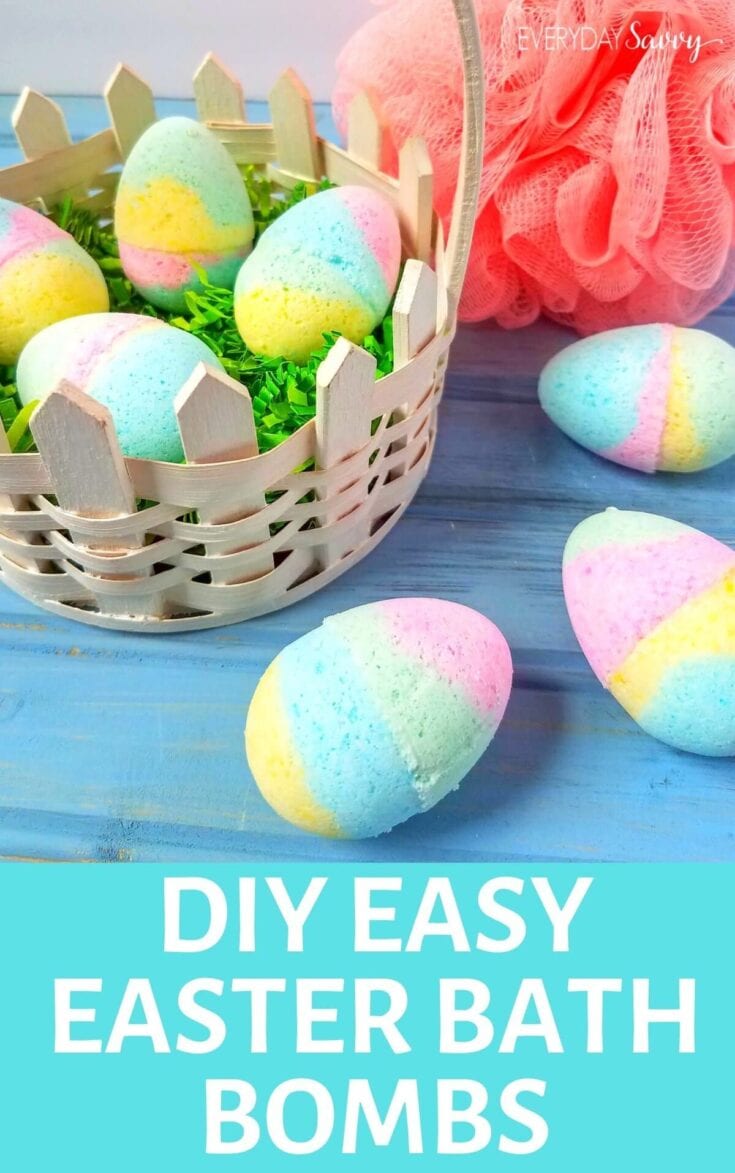 Bright pastel Easter bath bombs in a small basket, perfect for DIY Easter gifts and homemade bath time relaxation, on a rustic blue wooden background.