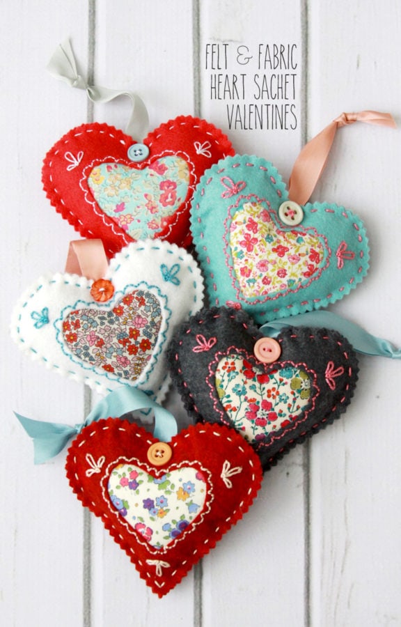Cute fabric heart sachets for Valentine's Day, made with felt and floral textiles, perfect for gifting and home decor.