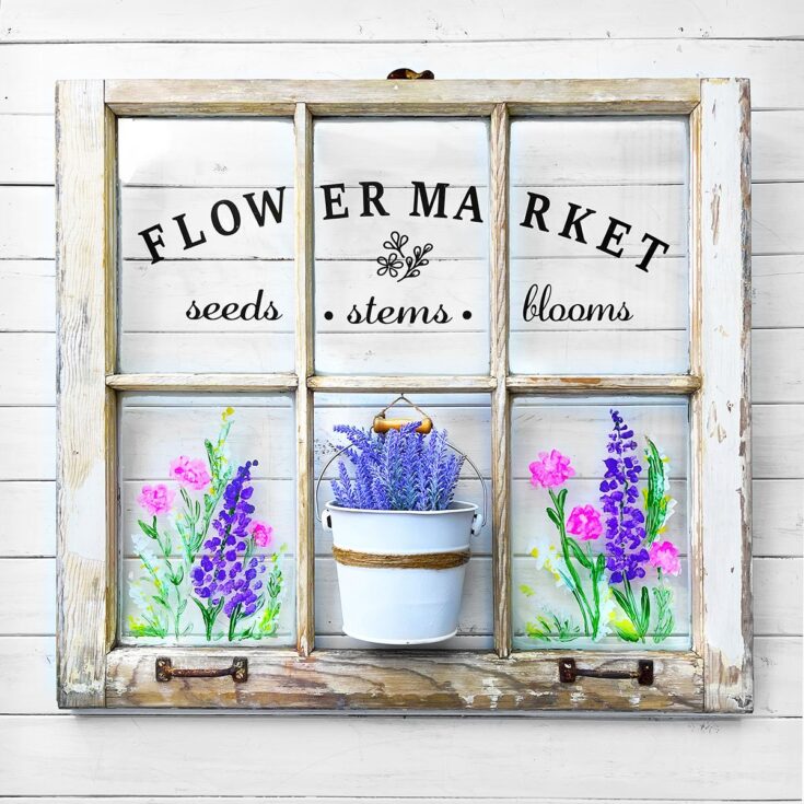 Decorative window frame with hand-painted flowers and lavender, highlighting garden flowers, seeds, stems, blooms, perfect for home floral decor and garden inspiration.