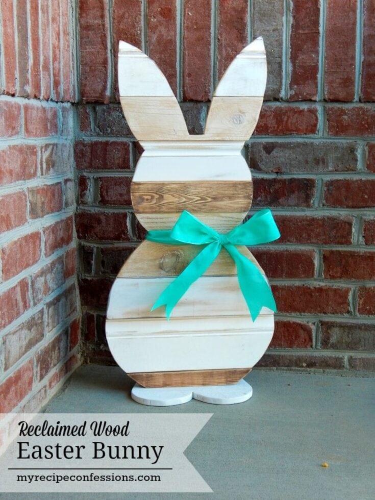 Wooden Easter Bunny with turquoise bow for spring decor, handcrafted rustic wood bunny, perfect for Easter decorations, available at A Hundred Affections.