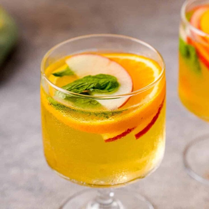 A colorful citrus fruit beverage with fresh orange, lemon, lime slices, and mint leaves in sparkling water. Ideal for summer refreshment and health.
