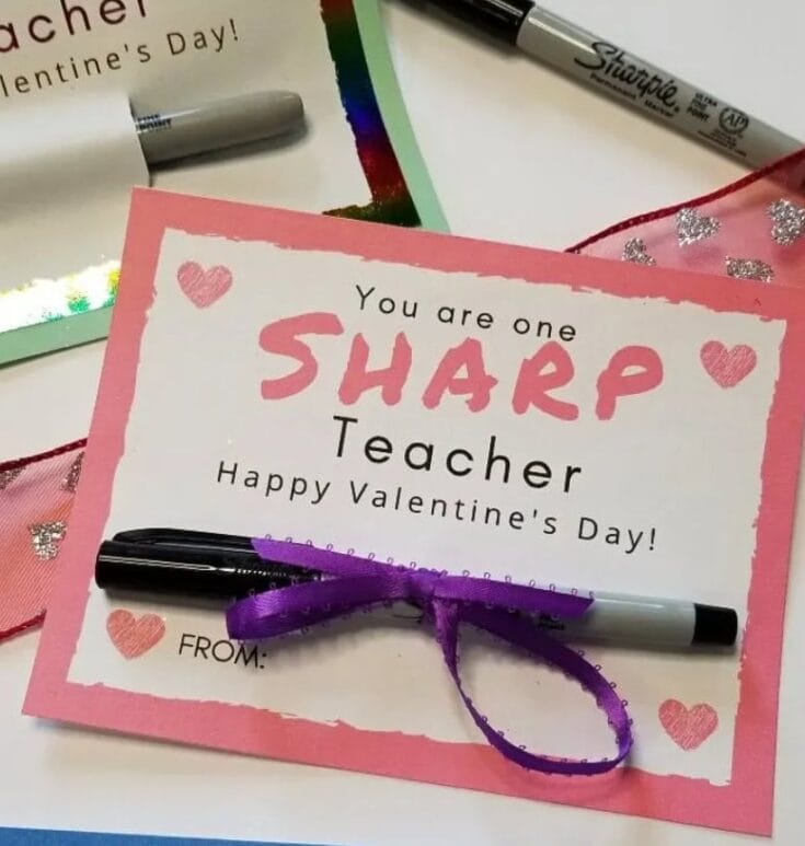 A heartfelt Valentine’s Day card for teachers from students, featuring colorful decorations and a purple ribbon, perfect for expressing gratitude and love on Valentine’s Day.