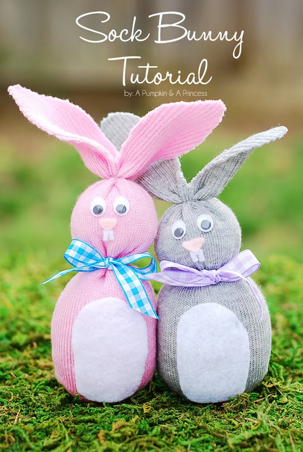 Adorable sock bunny plush toys made from colorful socks, perfect for DIY craft projects and Easter decorations. Step-by-step tutorial by A Pumpkin & A Princess.