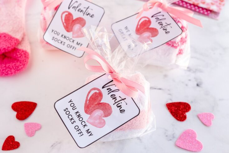 Premium Valentine’s Day socks wrapped with cute pink ribbons, perfect for romantic gift-giving and celebrating love. Unique socks with Valentine’s theme from A Hundred Affections.