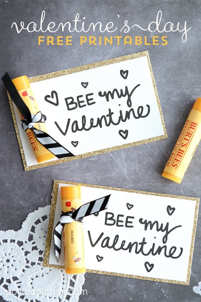 Cute valentine card with bee theme, free printable for Valentine's Day, perfect for kids or couples, featuring fun bee lip balm, black and white ribbon, and personalized love message.