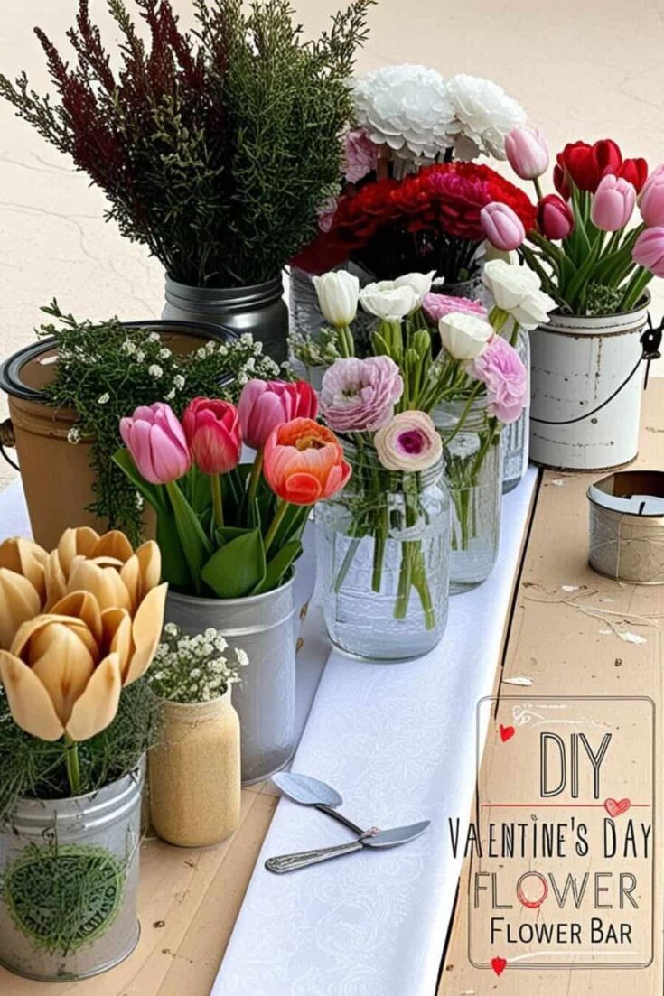 Brightly colored tulips, roses, and ranunculus in rustic containers for romantic flower arrangements.