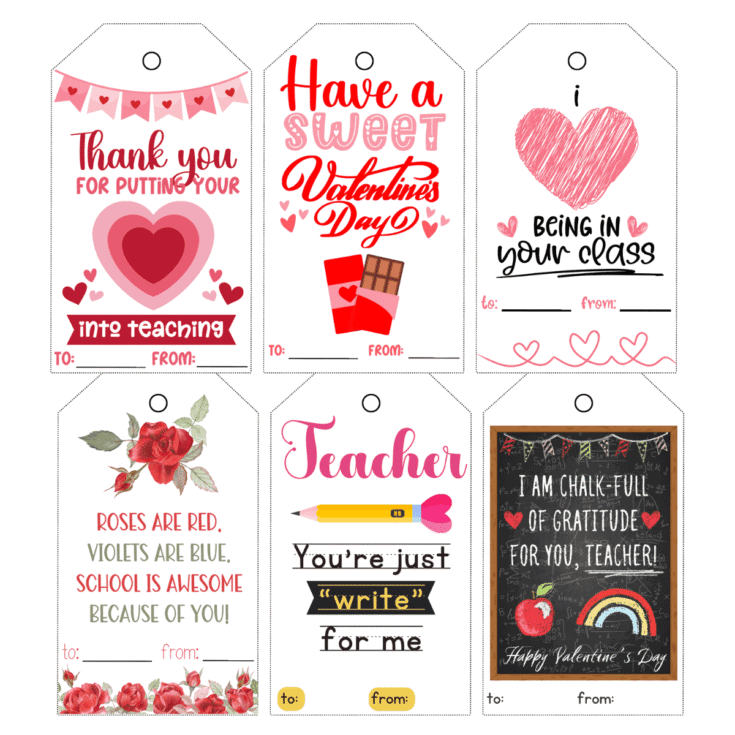 Colorful Valentine's Day Teacher Gift Tags Featuring Hearts, Roses, Chalkboard Messages, and Cute Illustrations for Classroom Appreciation.