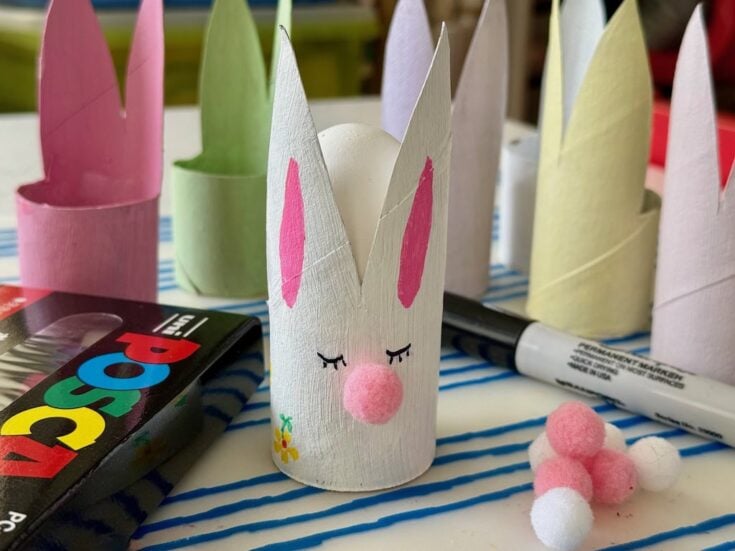 Easter Bunny craft, decorative paper cup bunny, spring holiday decor, handmade Easter centerpiece, cute kid-friendly craft.
