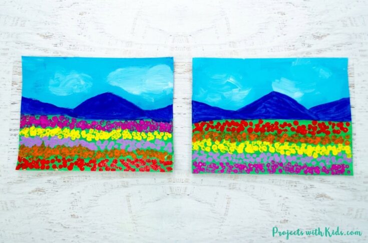Bright, vibrant floral painting of mountains and skies, ideal for kids projects and home decor, showcasing cheerful colors and creative design.