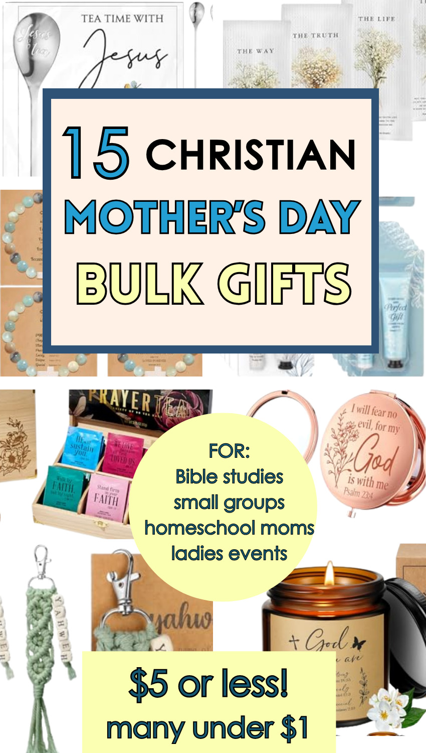Collection of affordable Christian-themed Mother’s Day gifts including Bible studies, small group supplies, homeschool items, and jewelry, perfect for expressing faith and love.