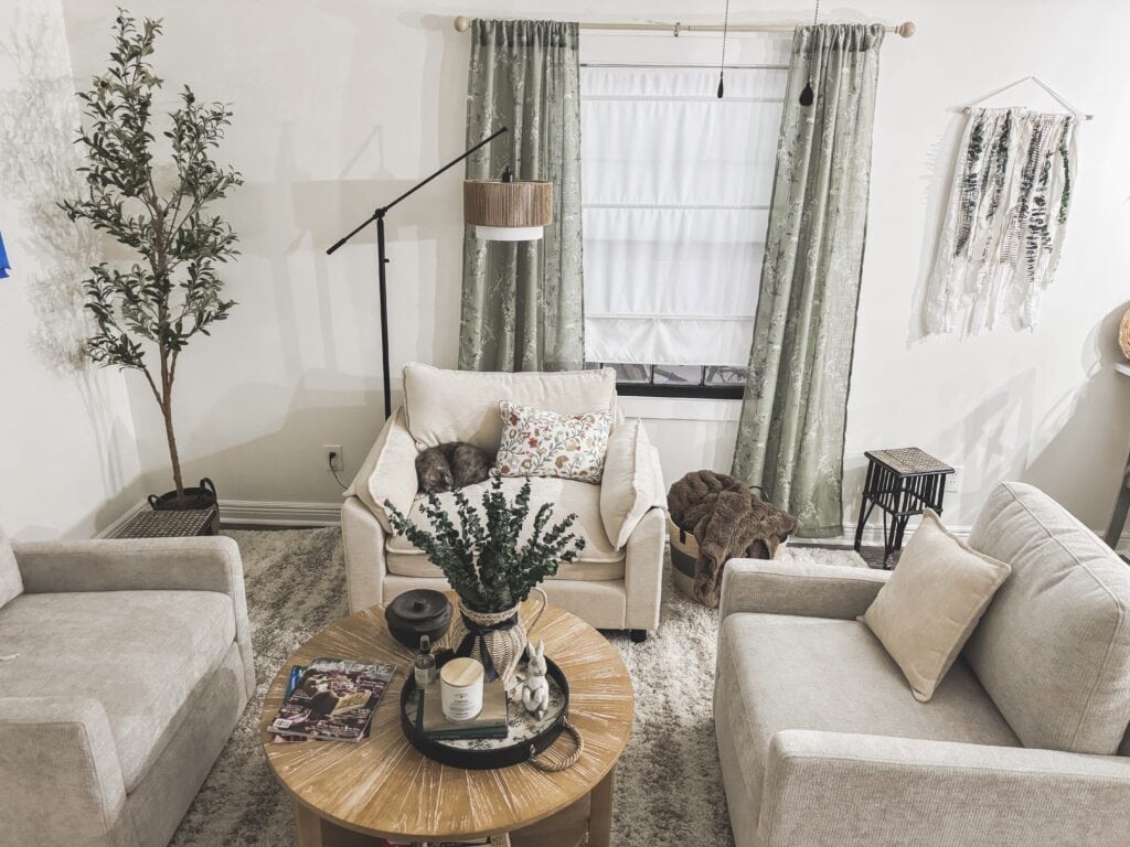A cozy living room scene featuring two cats relaxing on a beige sofa and a round wooden coffee table, surrounded by soft cushions, greenery, and bohemian wall hangings, creating a warm, inviting atmos.