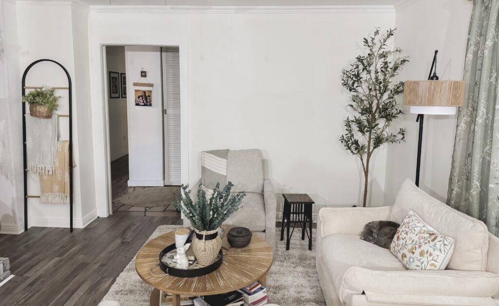 A cozy living room featuring a white sofa with decorative pillows, a round wooden coffee table with plants and books, and a tall indoor tree, creating a warm and inviting atmosphere.