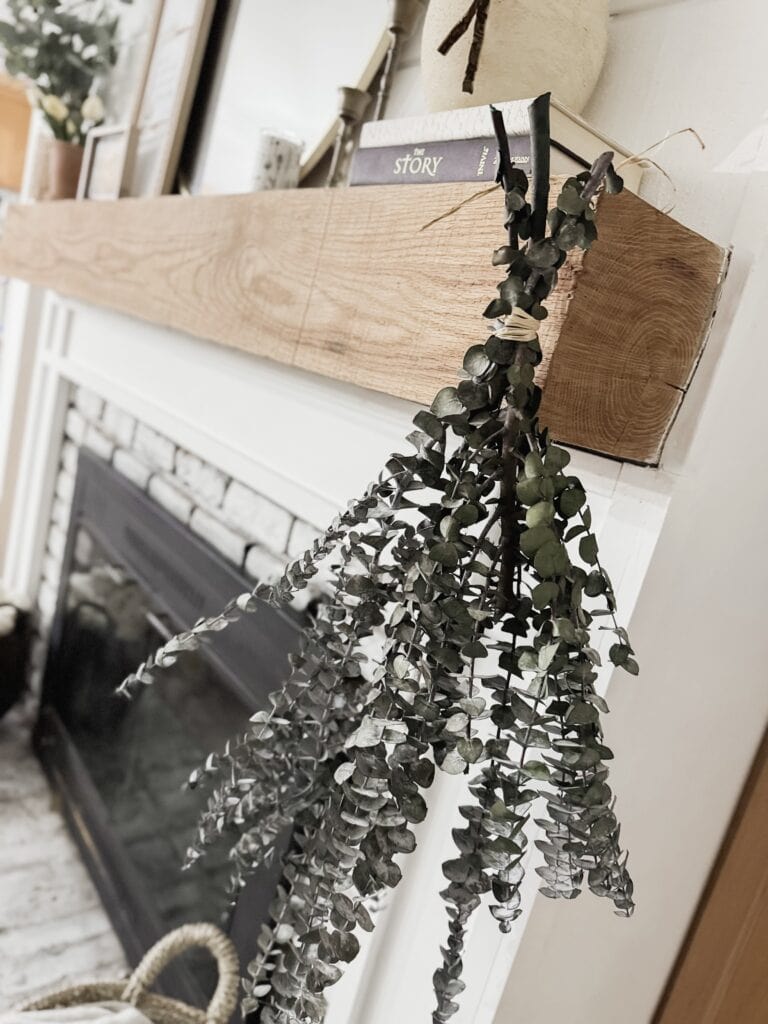 Elegant eucalyptus garland hanging above a fireplace mantel, adding natural charm and greenery to home decor, perfect for cozy, stylish interior design.