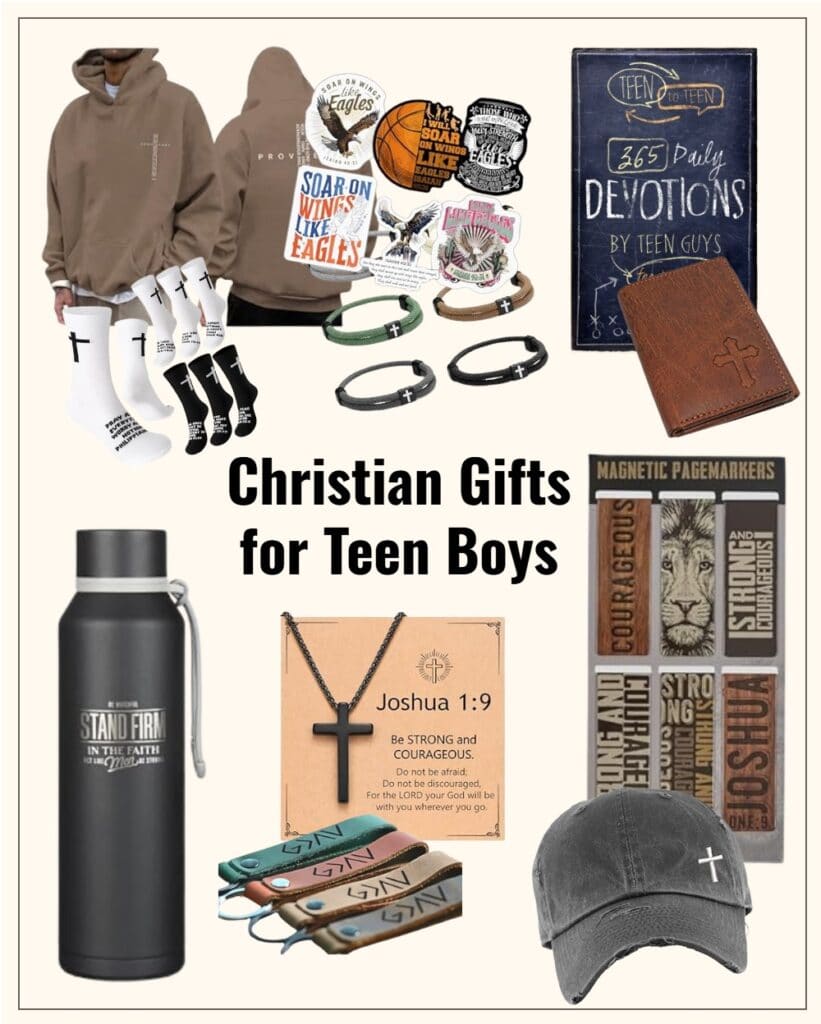 A collection of Christian gifts for teen boys, including jewelry, devotionals, apparel, and accessories, perfect for inspiring faith and courage.