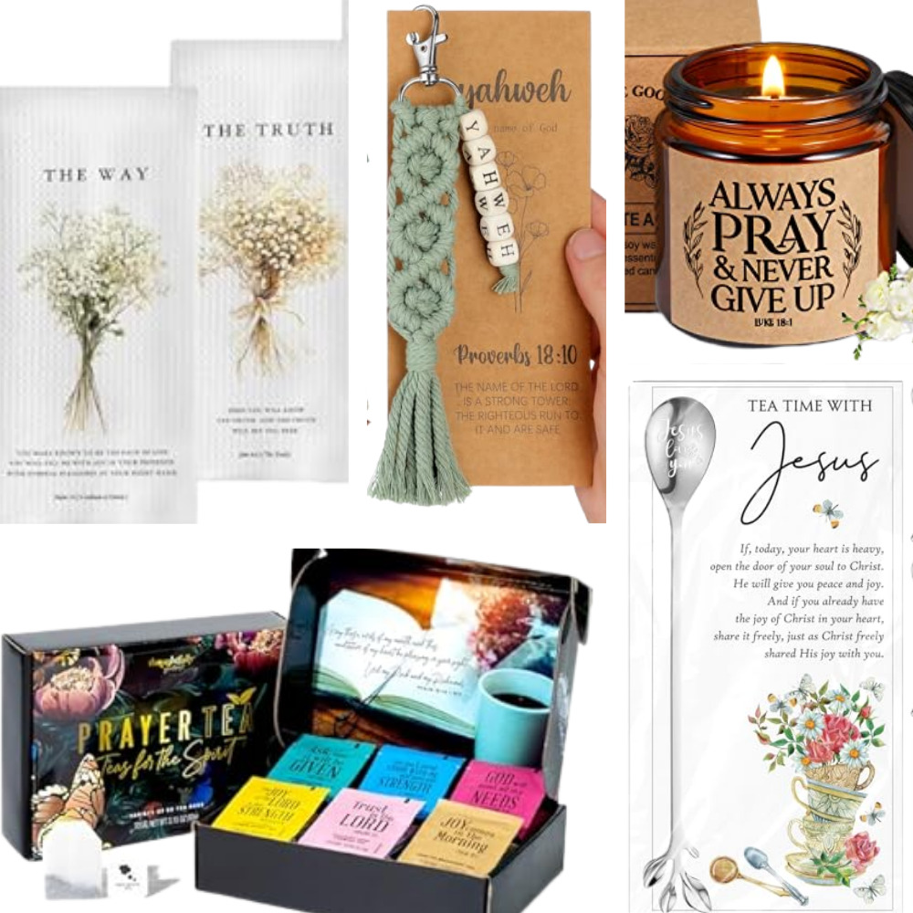 Collection of faith-based prayer cards, inspirational keychain, candle with encouraging message, and tea time with Jesus illustration, perfect for spiritual reflection and devotion.