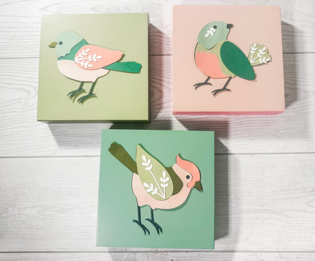 Cute bird illustrations on soft pastel backgrounds, ideal for nature-inspired or children's room decor.