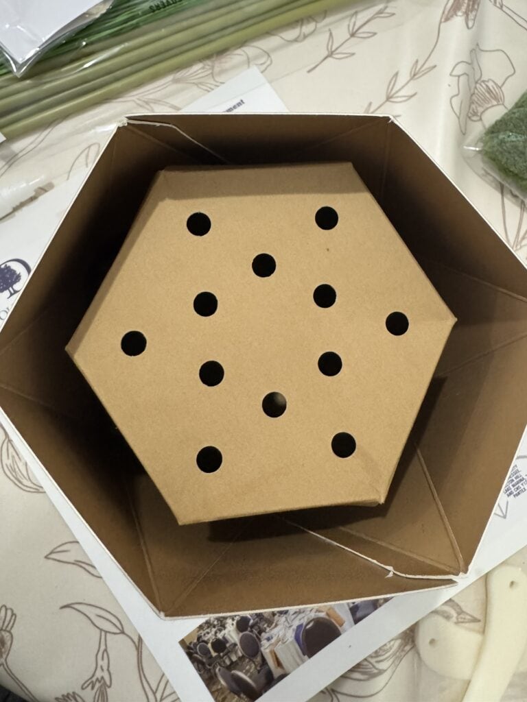 A decorative hexagon-shaped cardboard box with multiple circular holes, designed for creative gift packaging or craft projects, placed inside a larger black box on a patterned surface.