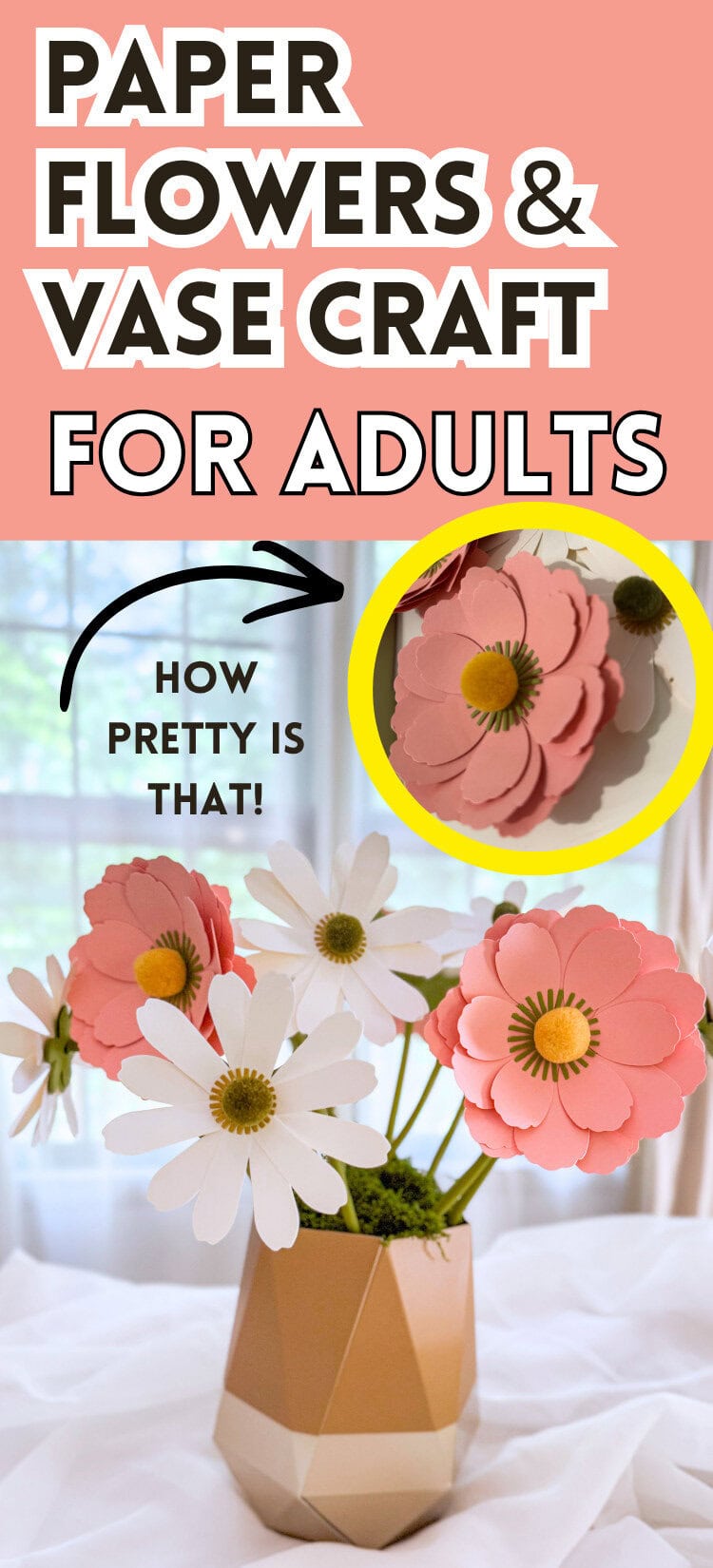 Colorful paper flower arrangement in a geometric vase, perfect for DIY craft projects and home decor, showcasing creative paper flower art for adults.