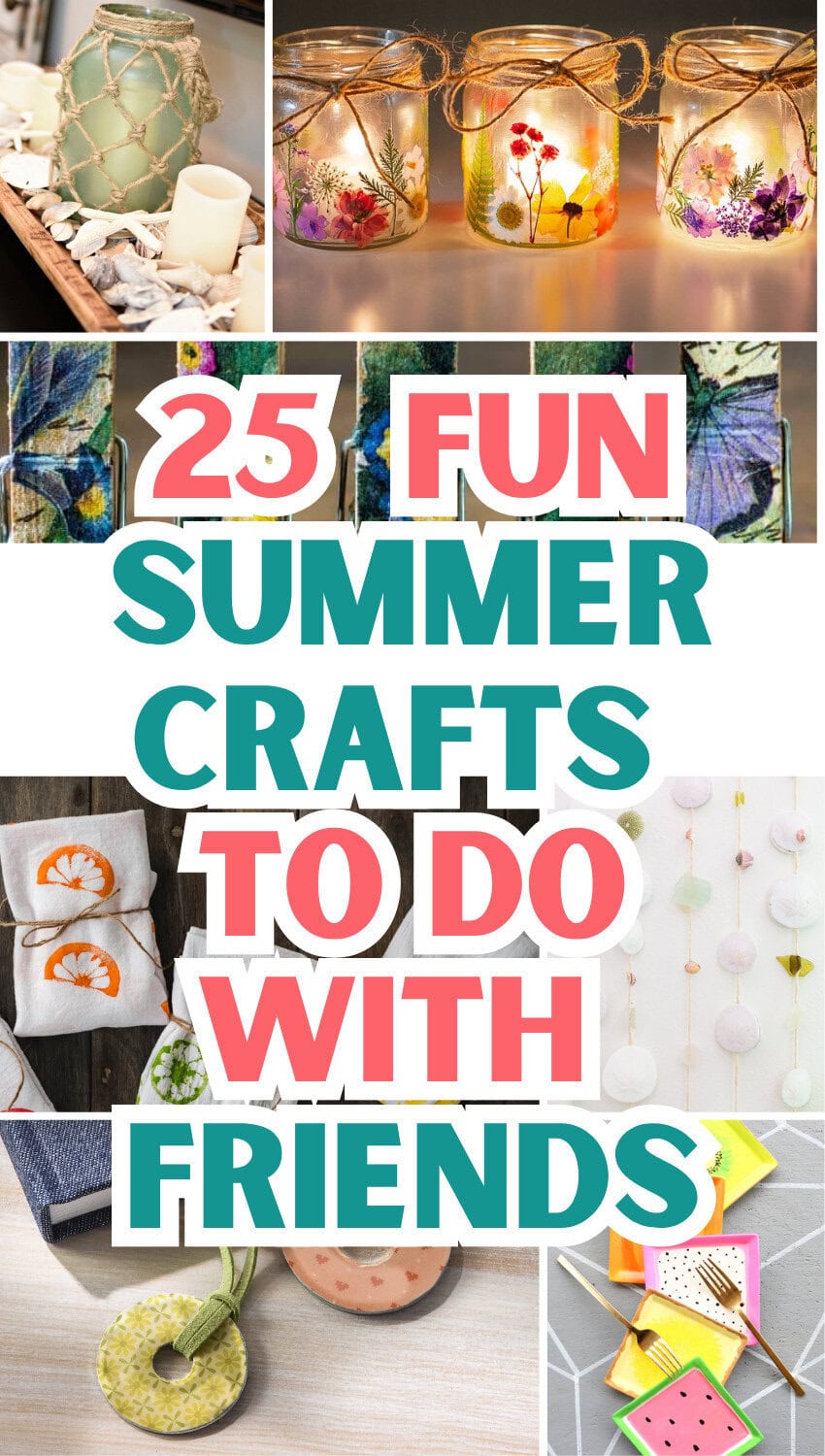 Bright and colorful summer craft projects including candle jars, friendship bracelets, and fun DIY activities for kids and friends.