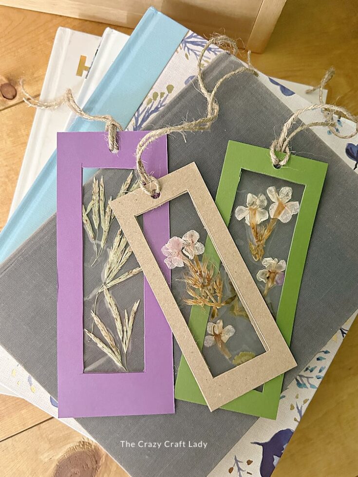 Beautiful handmade botanical bookmarks with pressed flowers and leaves, featuring colorful paper frames, perfect for gift-giving and journaling enthusiasts.