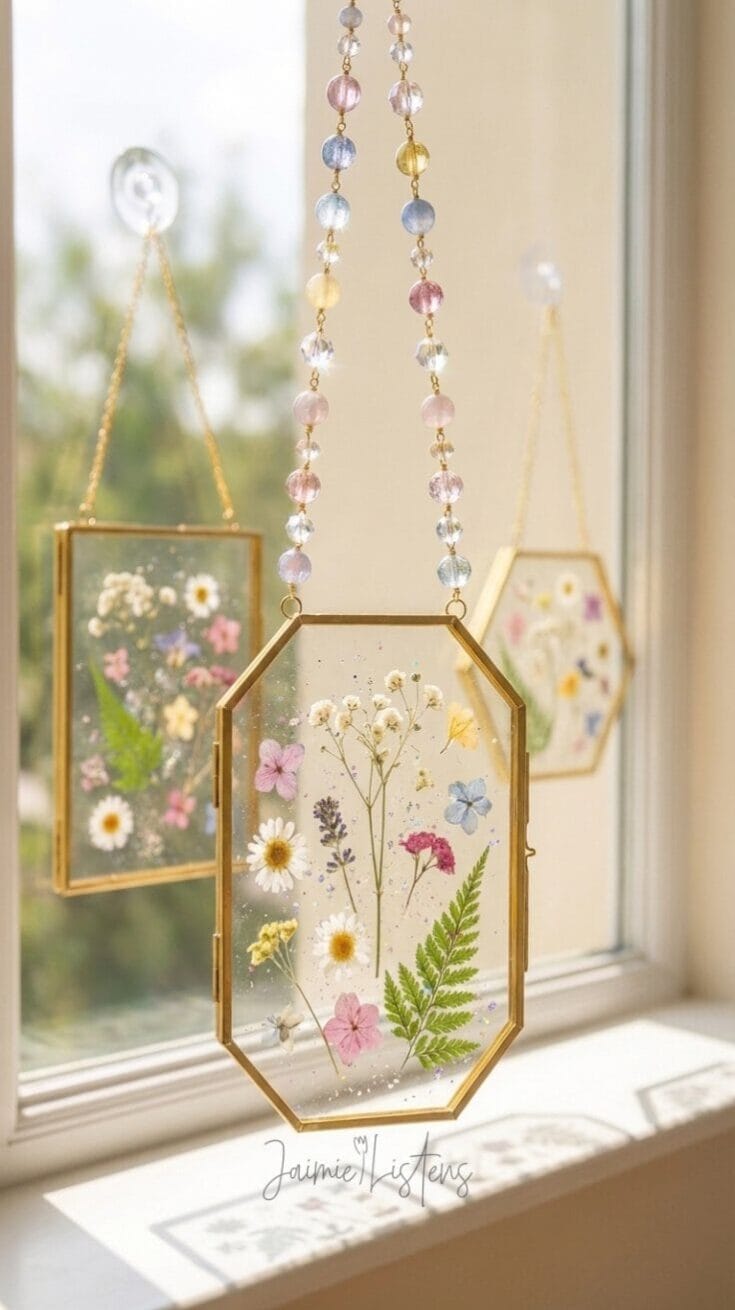Beautiful pressed flower artwork featuring daisies, ferns, and pink blossoms in glass hanging frames, perfect for floral decor and nature-inspired home accents.