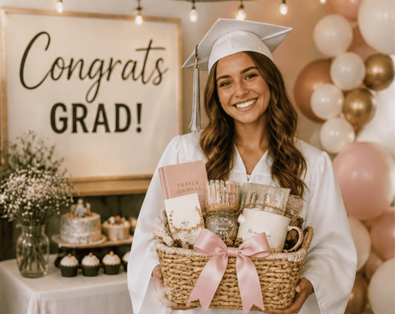 Happy graduation with a Christian-themed gift basket, featuring prayer journals, mugs, and inspirational items for a proud graduate.