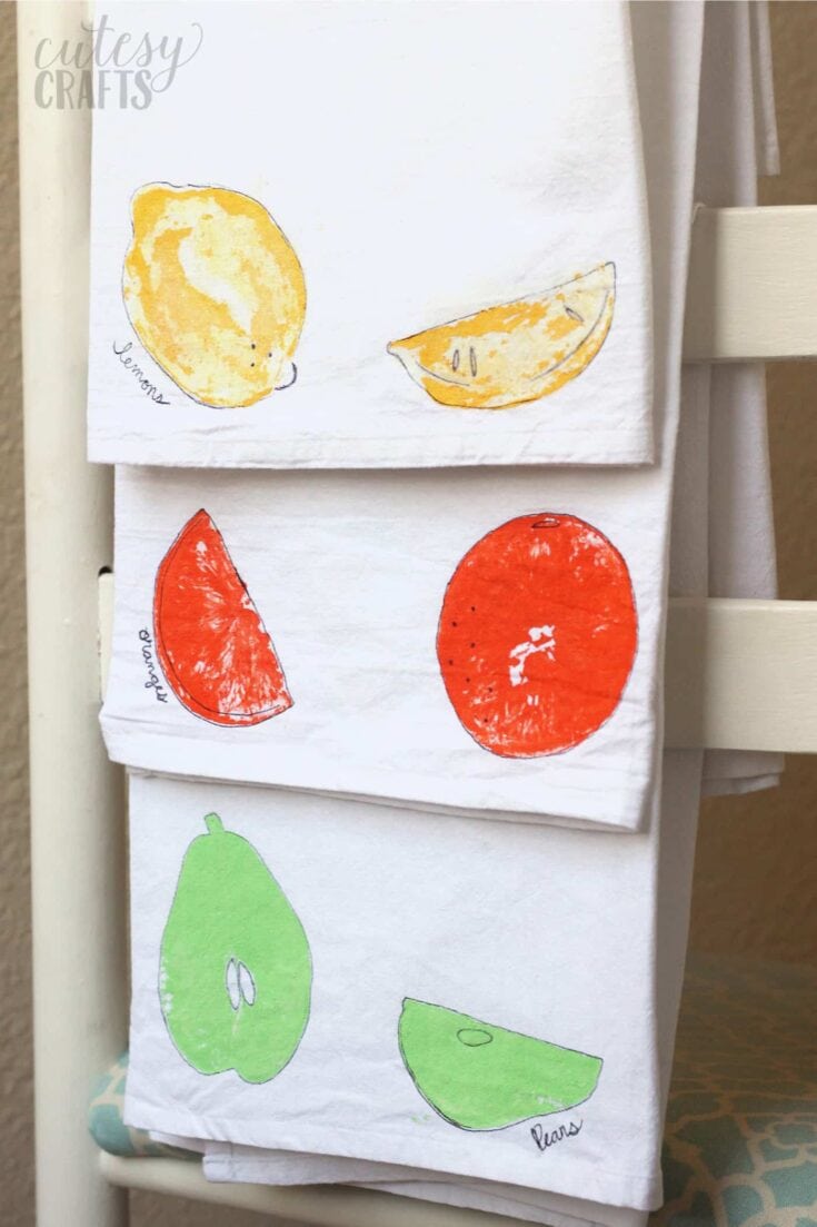Bright, hand-painted lemon and lime fruit designs on white tea towels, perfect for kitchen decor and culinary enthusiasts, showcasing vibrant citrus illustrations.