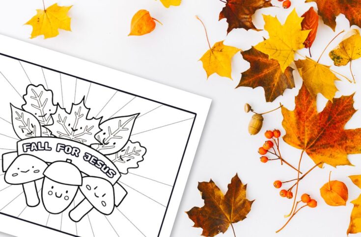 Black and white fall-themed coloring page featuring mushrooms and leaves with a 'Fall for Jesus' banner, surrounded by colorful autumn leaves and berries.