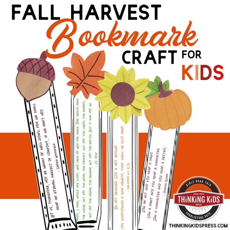 Colorful fall harvest themed bookmark craft for kids featuring pumpkins, leaves, and sunflowers, perfect for autumn reading activities and seasonal decor.