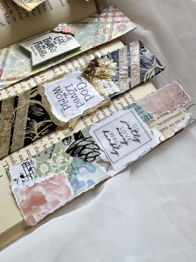 Set of handmade decorative bookmarks featuring inspirational quotes and artistic designs, perfect for journaling, reading, or gifting, from A Hundred Affections.