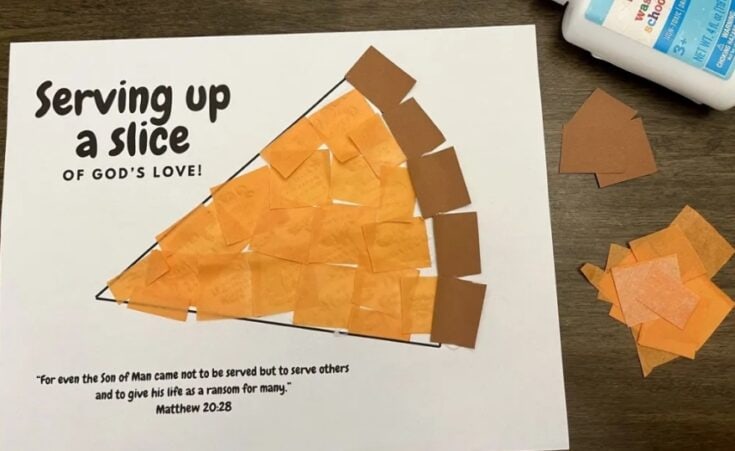 A pie chart made of paper slices with a biblical quote about serving others from Matthew 20:28, emphasizing love and service in faith.
