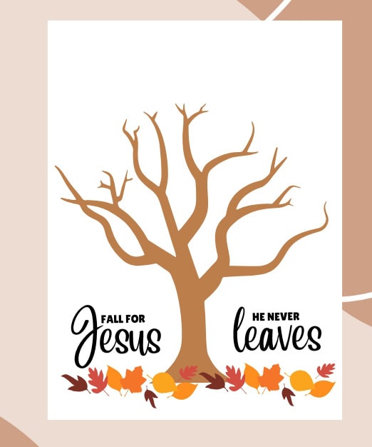 Inspirational fall-themed quote with a leafless tree illustration, emphasizing faith in Jesus and the enduring nature of His love, perfect for autumn religious decor.