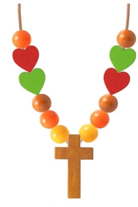 Vibrant beaded necklace featuring red, green, orange, and yellow beads with a wooden cross pendant, ideal for religious or decorative purposes.