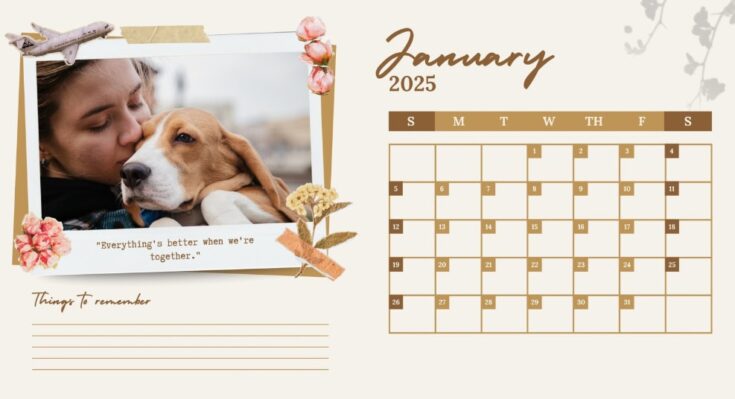 January 2025 calendar page featuring a girl and a dog with floral decorations and a quote about togetherness, perfect for seasonal or pet-related content.