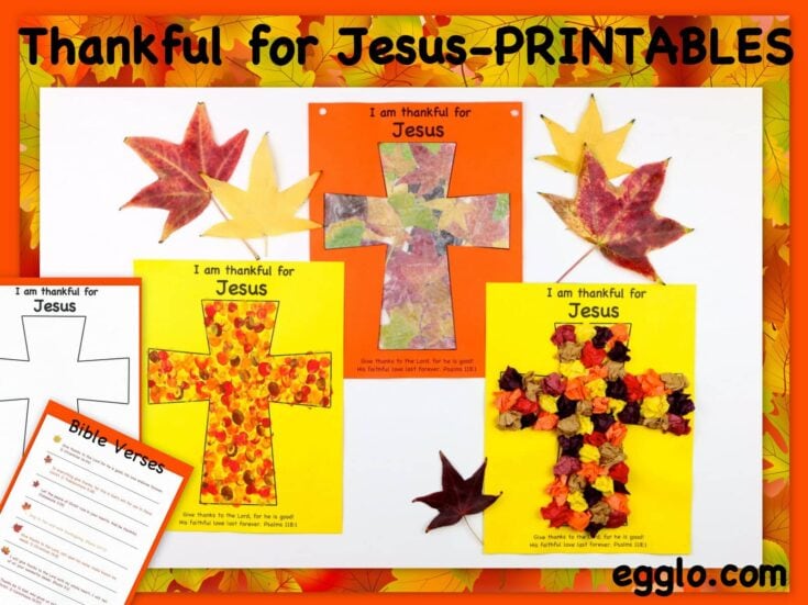 Thankful for Jesus printable craft with colorful leaf cross designs for Thanksgiving, featuring Bible verses and autumn-themed decorations for children.
